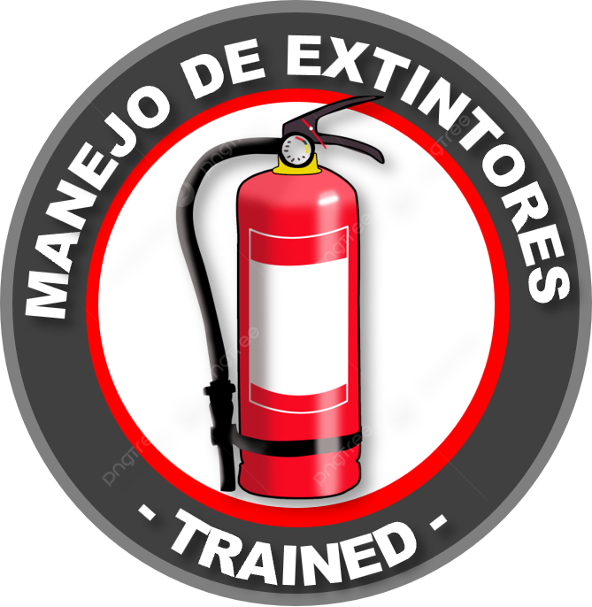 Símbolo de un extintor de incendios con texto en español e inglés: "Manual de Extintores - Trained" Curso GRETNER DC3
