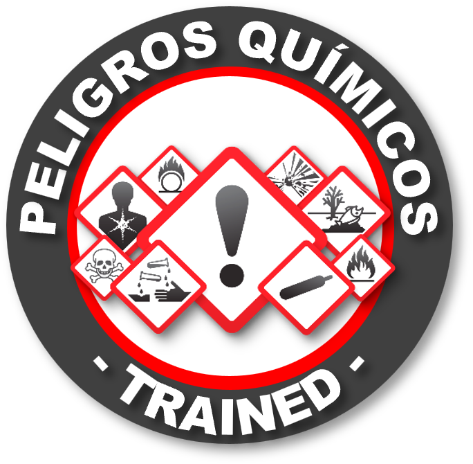 Logotipo de advertencia de productos químicos peligrosos con símbolos de riesgo y texto en inglés y español.