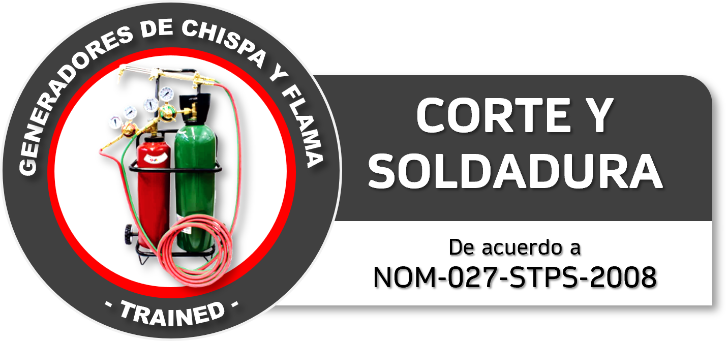 Imagen de un equipo de gas a presión con dos cilindros, uno rojo y uno verde, y mangueras conectadas, con un sello que indica que están entrenados en corte y soldadura, basado en la normativa NOM-027-STPS-2008.