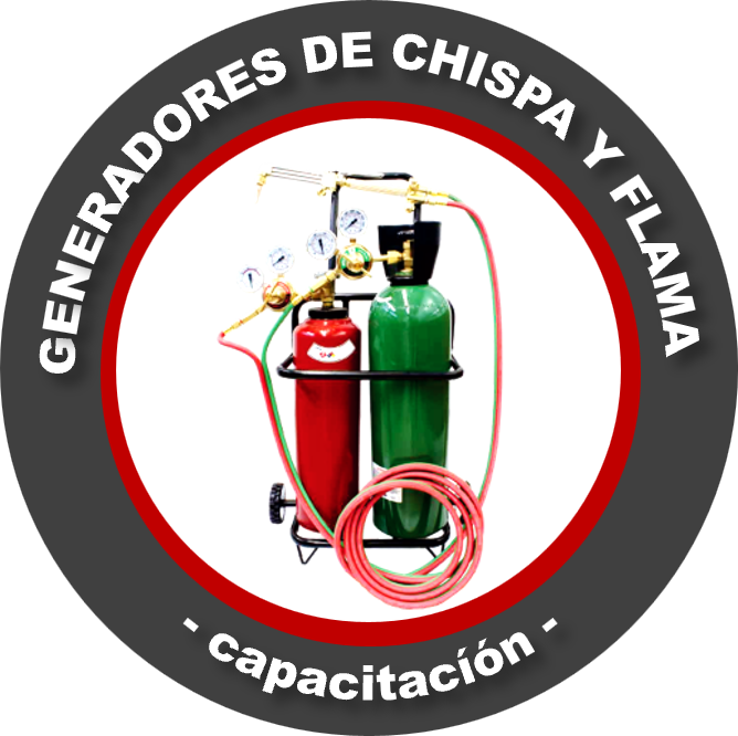 Un logo circular de entrenamiento en refrigeración con cilindros de colores rojo y verde, válvulas de maniobra y una manguera, rodeado por texto en español que dice 'Generadores de chispa y flama - Entrenado'.