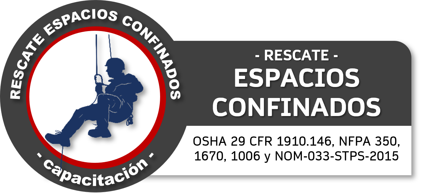 Etiqueta con logotipo y texto que indica rescate de espacios confinados, con imagen de una persona en equipo de escalada y referencia a normativas de seguridad.