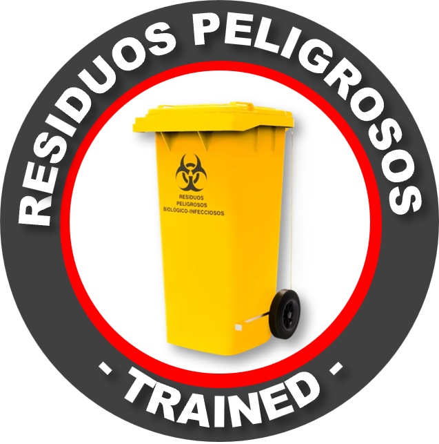 Señal de advertencia en fondo gris con borde rojo indicando residuos peligrosos biológicos e infecciosos, con un bote de basura amarillo y símbolo de biohazard.