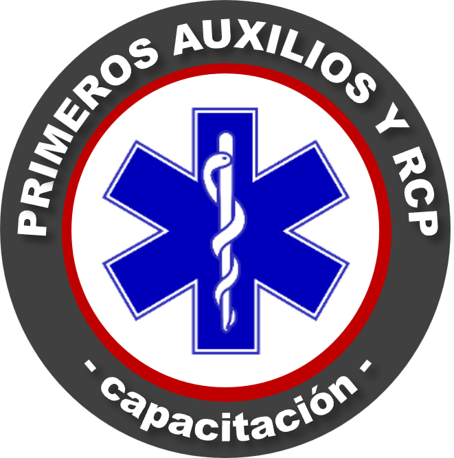 Logotipo del Programa de Capacitación en Primeros Auxilios y RCP, con un símbolo de cruz azul y vara de caduceo, en círculo con borde rojo y fondo gris
