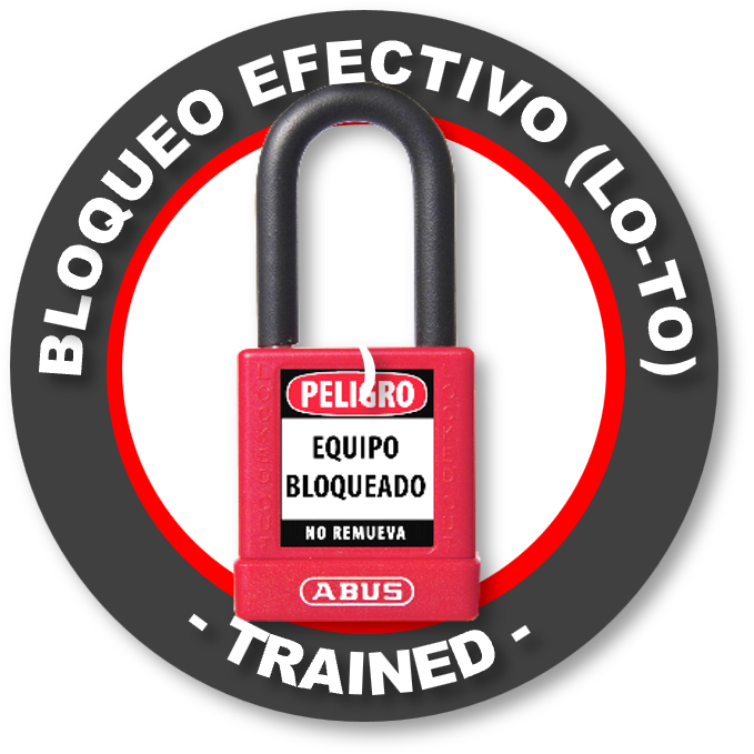 Candado rojo con cartel que dice 'Equipo Bloqueado', con advertencias de peligro y entrenamiento para bloqueo efectivo de cable, en fondo circular con texto en inglés y español.