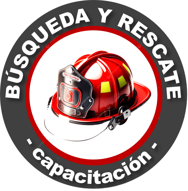 Casco de bombero rojo con equipo de respiración y la leyenda 'Búsqueda y Rescate - Capacitación' en un fondo gris