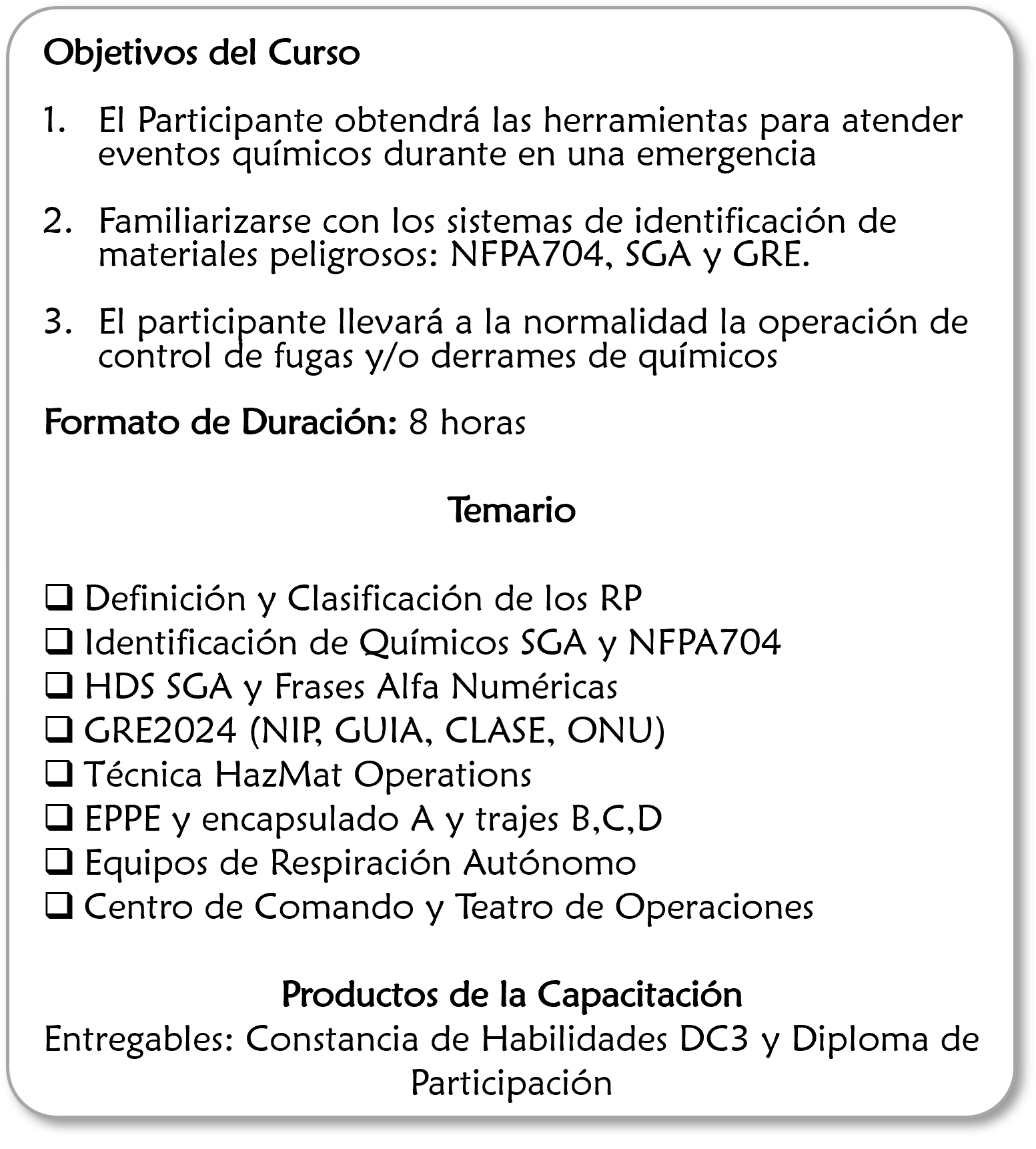 Objetivos del curso de capacitación en manejo de productos químicos y emergencias, con un temario que incluye definición y clasificación de los riesgos, identificación de sustancias peligrosas, y técnicas de operación, entre otros.