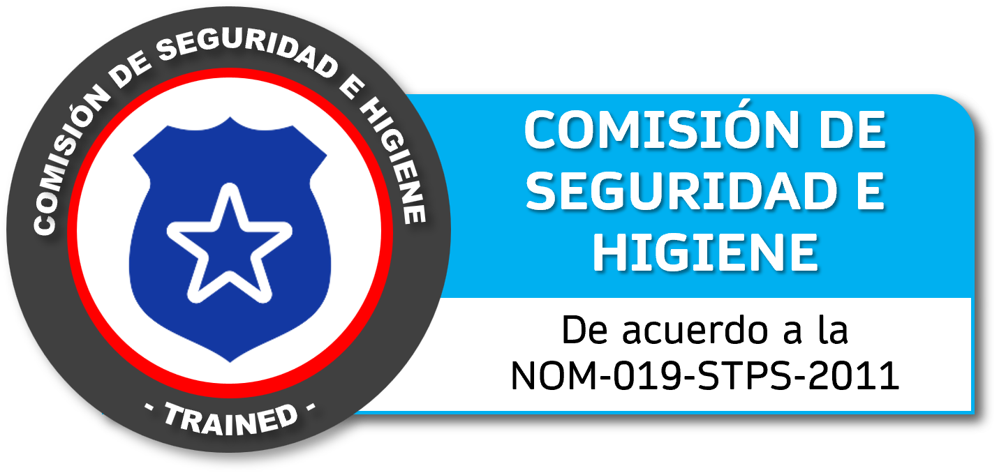 Etiqueta de certificación de la Comisión de Seguridad e Higiene, con un escudo en el centro que tiene una insignia de estrella y un símbolo de star en su interior, indicando que está entrenada y cumple con la norma NOM-019-STPS-2011. Curso GRETNER DC
