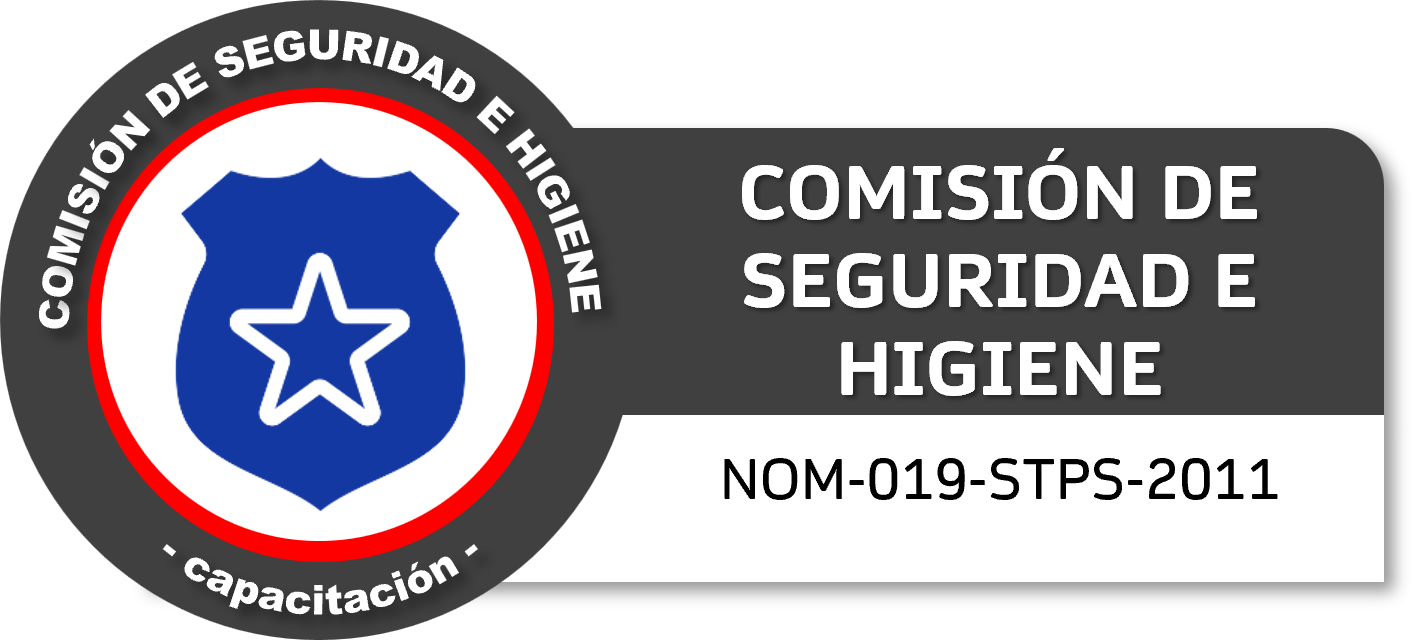 Sello de la Comisión de Seguridad e Higiene con un escudo azul con una estrella y una línea en forma de 'V', rodeado por un círculo con borde rojo y letras blancas, junto al texto en fondo gris 'Comisión de Seguridad e Higiene' y en blanco 'NOM-019-STPS-2011'.