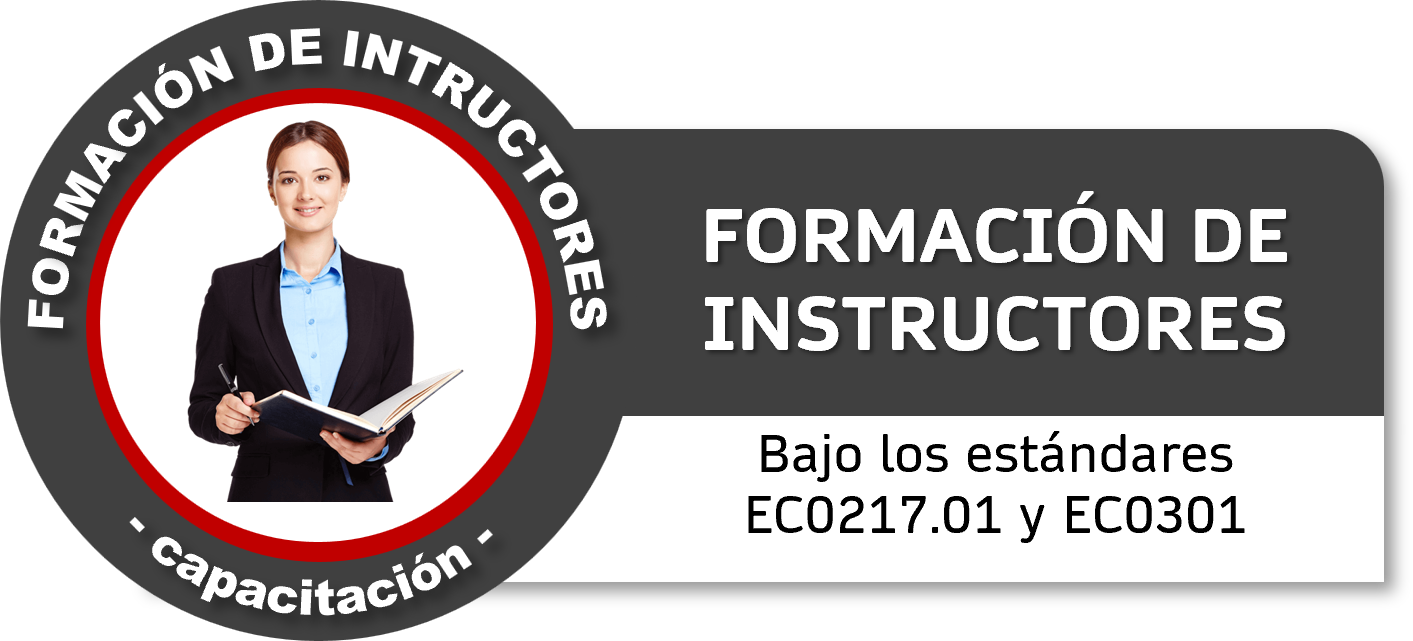 Etiqueta promocional para un curso de formación de instructores con una mujer en traje formal sosteniendo un libro y un bolígrafo, con textos en español sobre estándares de capacitación y formación.