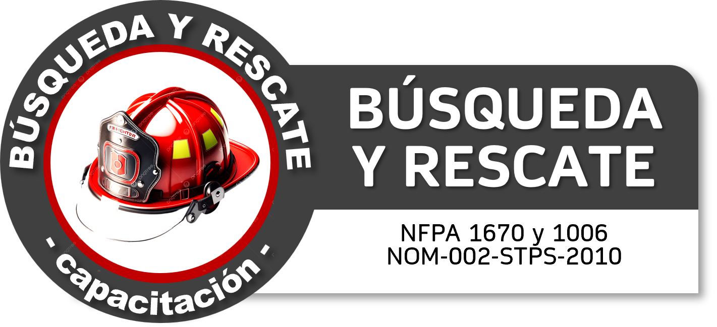 Señal de búsqueda y rescate con casco y equipo de protección en color rojo y negro.