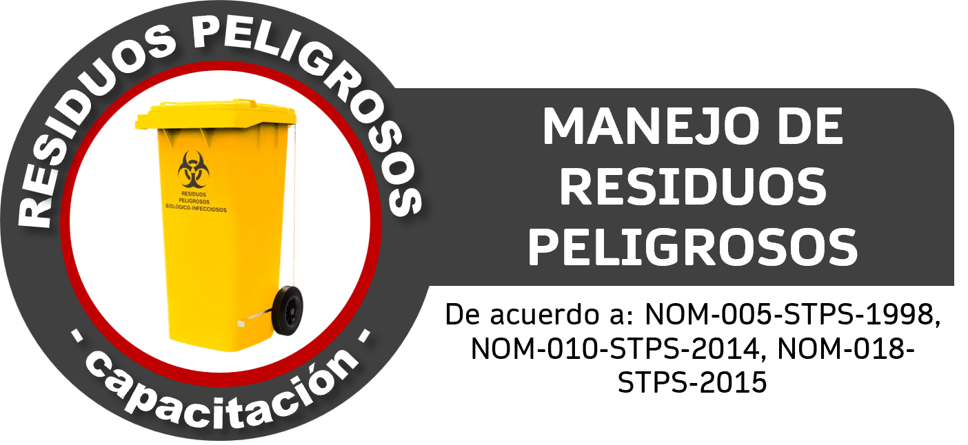 Señal de advertencia sobre manejo de residuos peligrosos biológico-infecciosos, con imagen de un bote de basura amarillo con cartel y símbolo de biohazard, y texto que indica los estándares normativos de manejo.