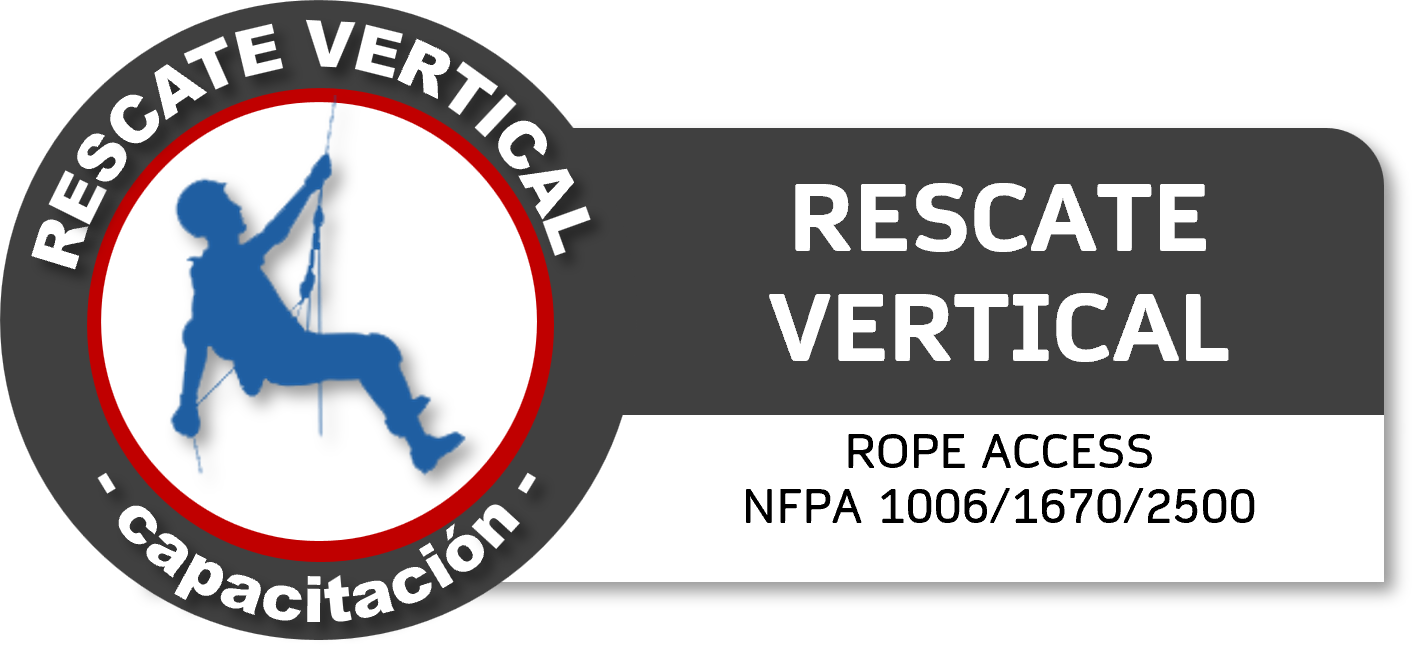 Logotipo de rescate vertical con una persona en un arnés subiendo una cuerda, texto en español e inglés que indica rescate vertical y acceso con cuerda, y referencias a normas NFPA.