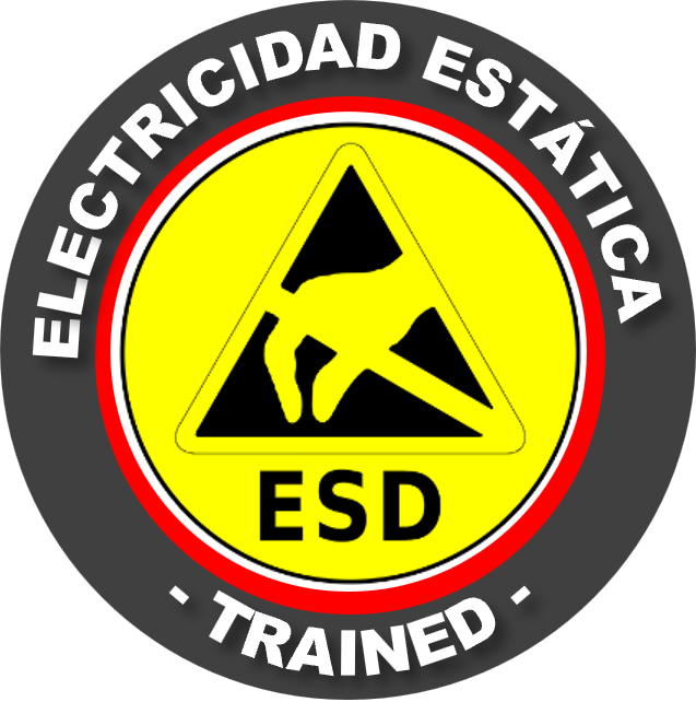 Logo de advertencia de electricidad estática y de equipo entrenado en manejo eléctrico.