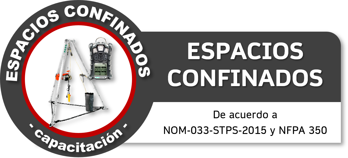 Banner informativo sobre espacios confinados, con imagen de equipo de seguridad y medición, y texto en español que hace referencia a normativas y capacitación.
