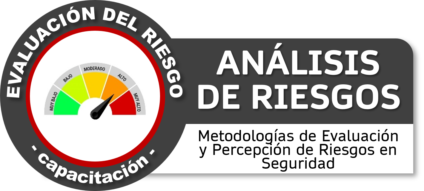Gráfico de medidor que muestra niveles de riesgo, de muy bajo a muy alto, acompañado de la leyenda 'Evaluación del Riesgo', y texto que dice 'Análisis de Riesgos' y 'Metodologías de Evaluación y Percepción de Riesgos en Seguridad'.