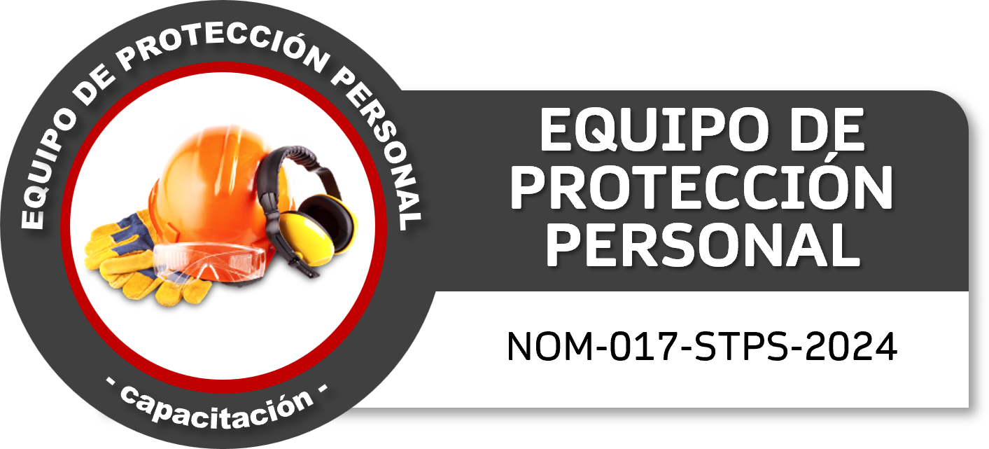 Logo de equipo de protección personal que incluye casco de seguridad amarillo, guantes, gafas protectoras, auriculares de protección auditiva y protección facial, acompañado de texto en español sobre el equipo de protección personal y una norma de capacitación.