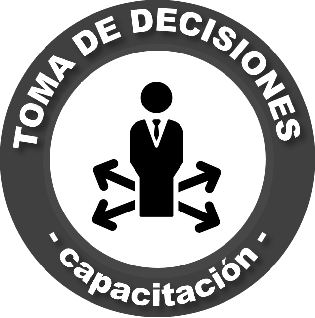 Símbolo de toma de decisiones y capacitación con un ícono de una persona de traje rodeada por flechas en diferentes direcciones.