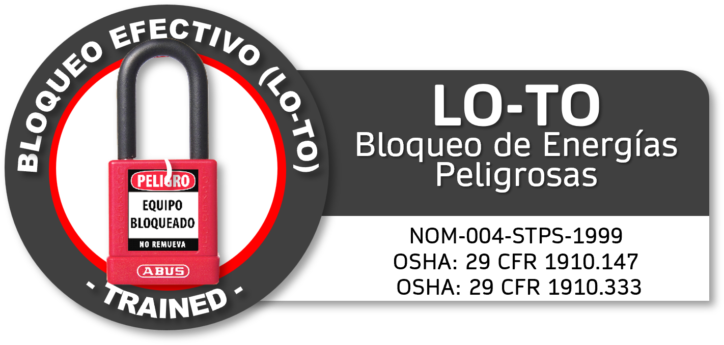 Candado de bloqueo de energías peligrosas con la palabra 'PELIGRO' en la etiqueta roja y letras en blanco, y textos informativos sobre normas y regulaciones.  Curso GRETNER DC3