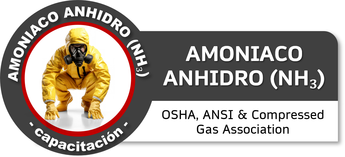 Persona con traje de protección amarillo, máscara de gas y guantes en posición de gateo, en un círculo con borde rojo y fondo blanco, con texto en español y en inglés que indica "Amoniaco Anhidro (NH₃)" y referencia a OSHA, ANSI y la asociación de gases comprimidos.