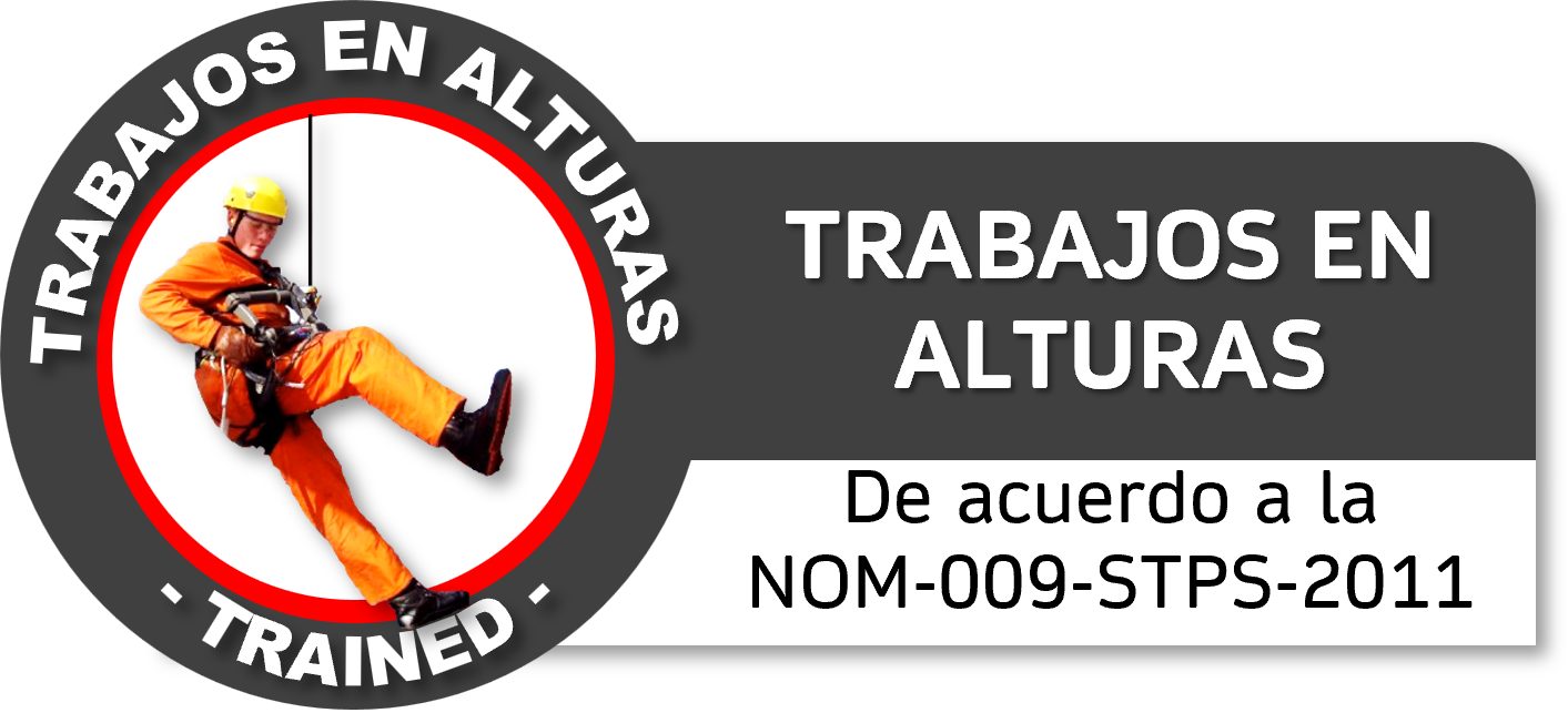 Señal de advertencia que indica trabajos en alturas con un trabajador en arnés y casco de seguridad, usando ropa naranja. Curso GRETNER DC3
