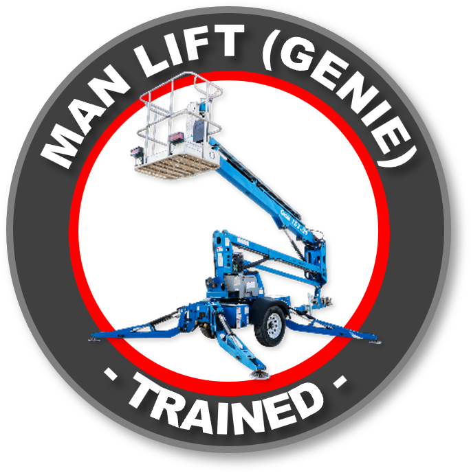logo del curso con dc3 'Man Lift (Genie) Trained' en círculo.