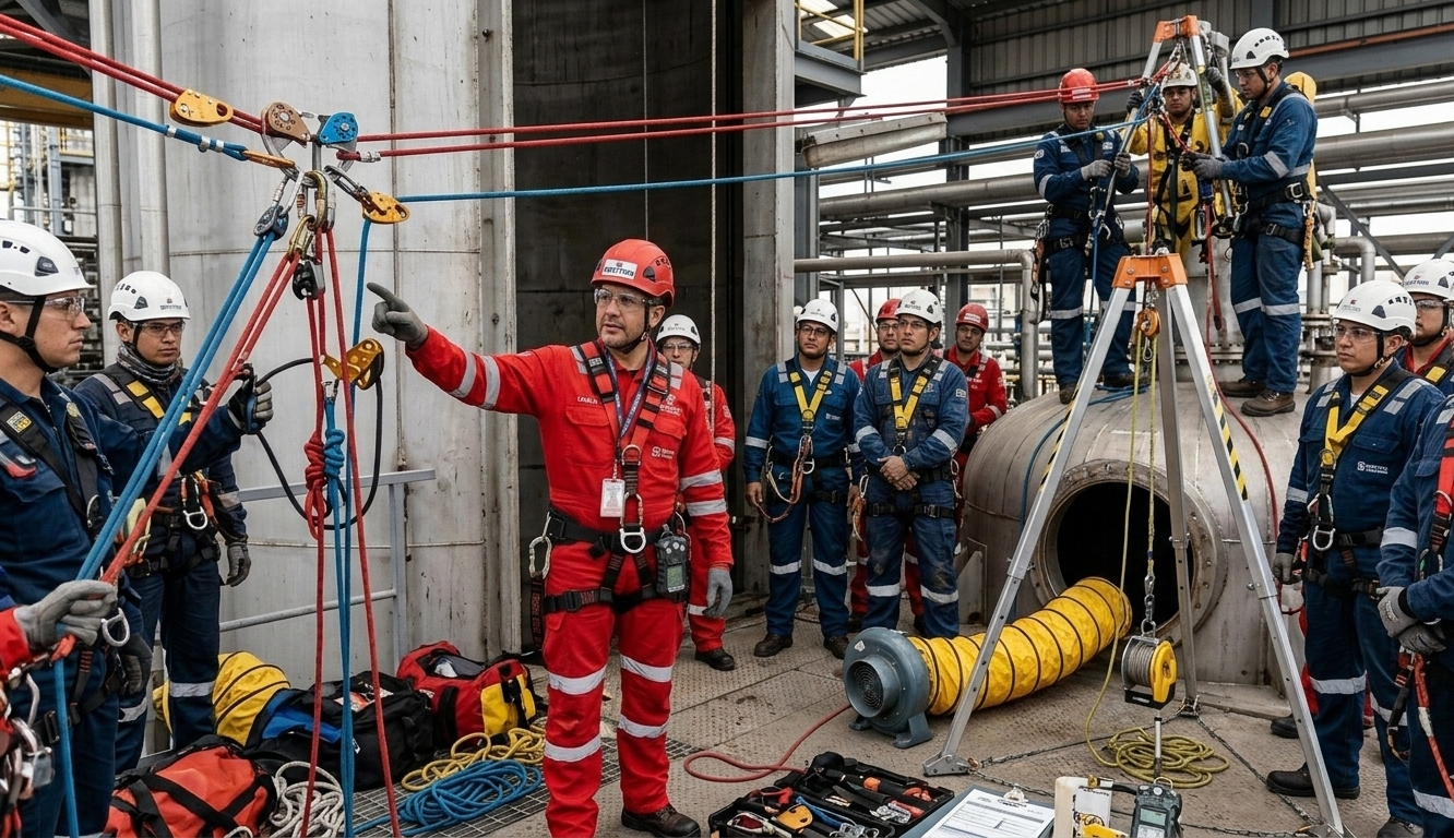 Grupo de trabajadores en equipo realizando mantenimiento en una tubería industrial, con un instructor guiándolos.