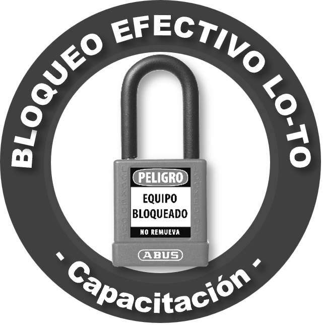 Candado rojo con cartel que dice 'Equipo Bloqueado', con advertencias de peligro y entrenamiento para bloqueo efectivo de cable, en fondo circular con texto en inglés y español.