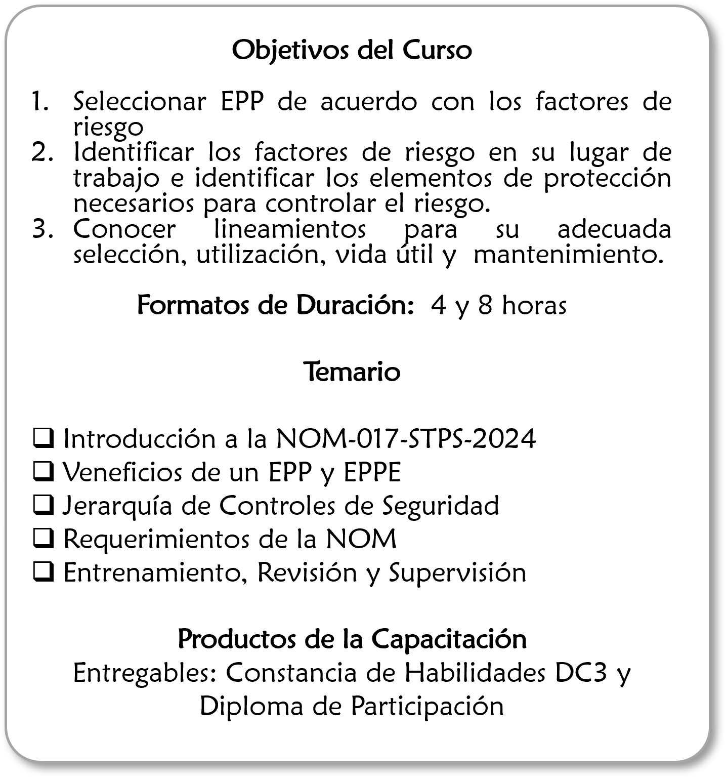 Objetivos del curso: contenidos y temario en formato de listado, con horarios de duración y productos de la capacitación, en español latinoamericano.