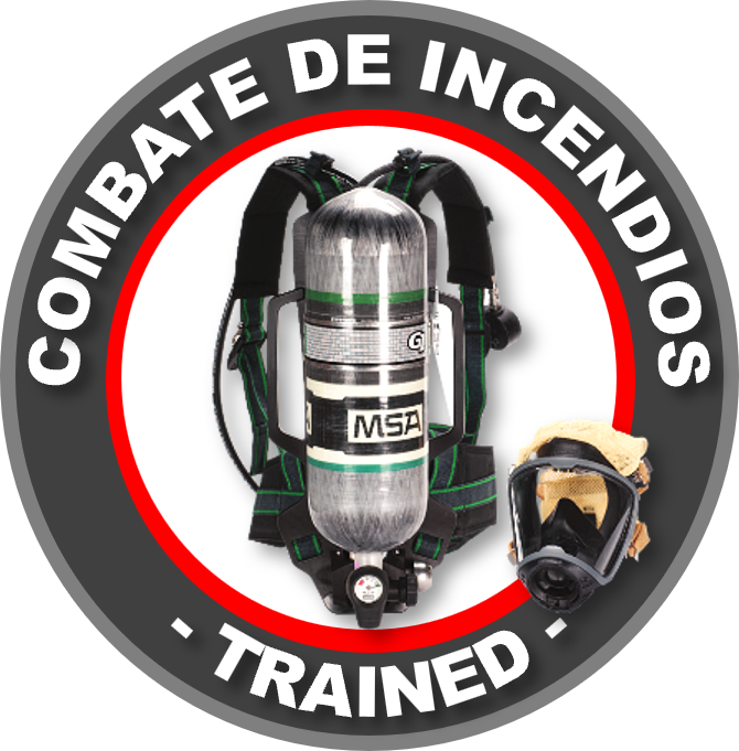 Sello o escudo del curso DC3 GRETNER incendios con cilindro de aire comprimido, máscara de protección y mochila con instrucciones en español.