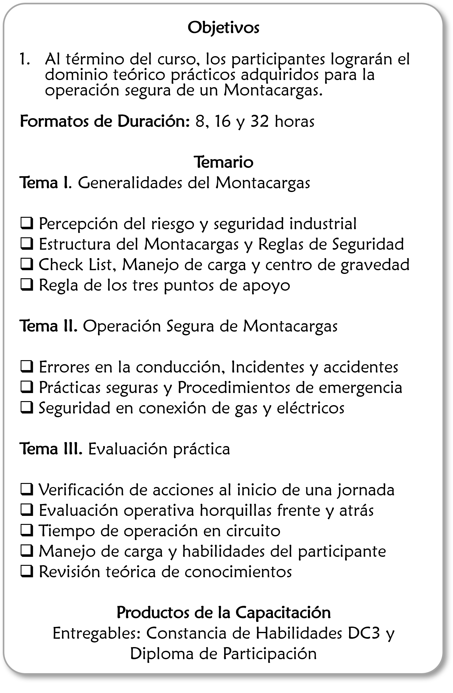 Página de un programa de capacitación en operación segura de montacargas, con objetivos, temarios, y productos entregables.