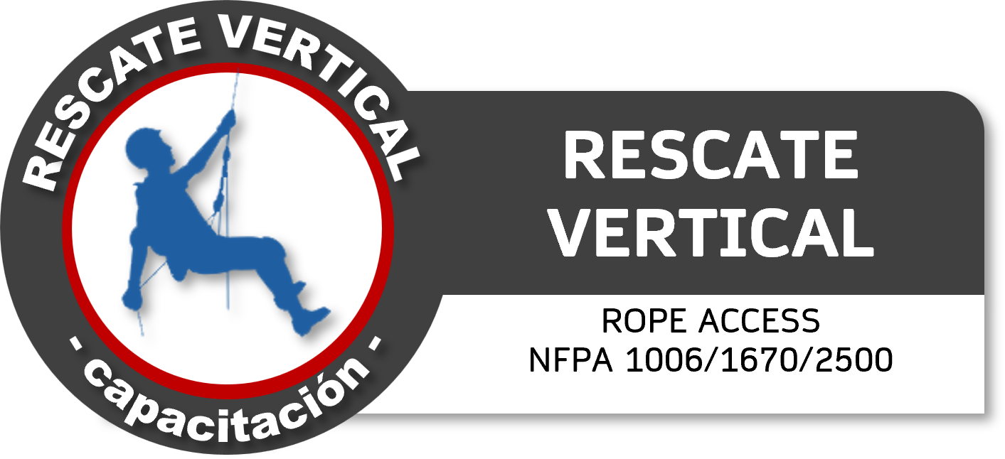 Etiqueta de equipo de acceso con cuerda para escalada vertical, incluyendo instrucciones de uso y normas de seguridad