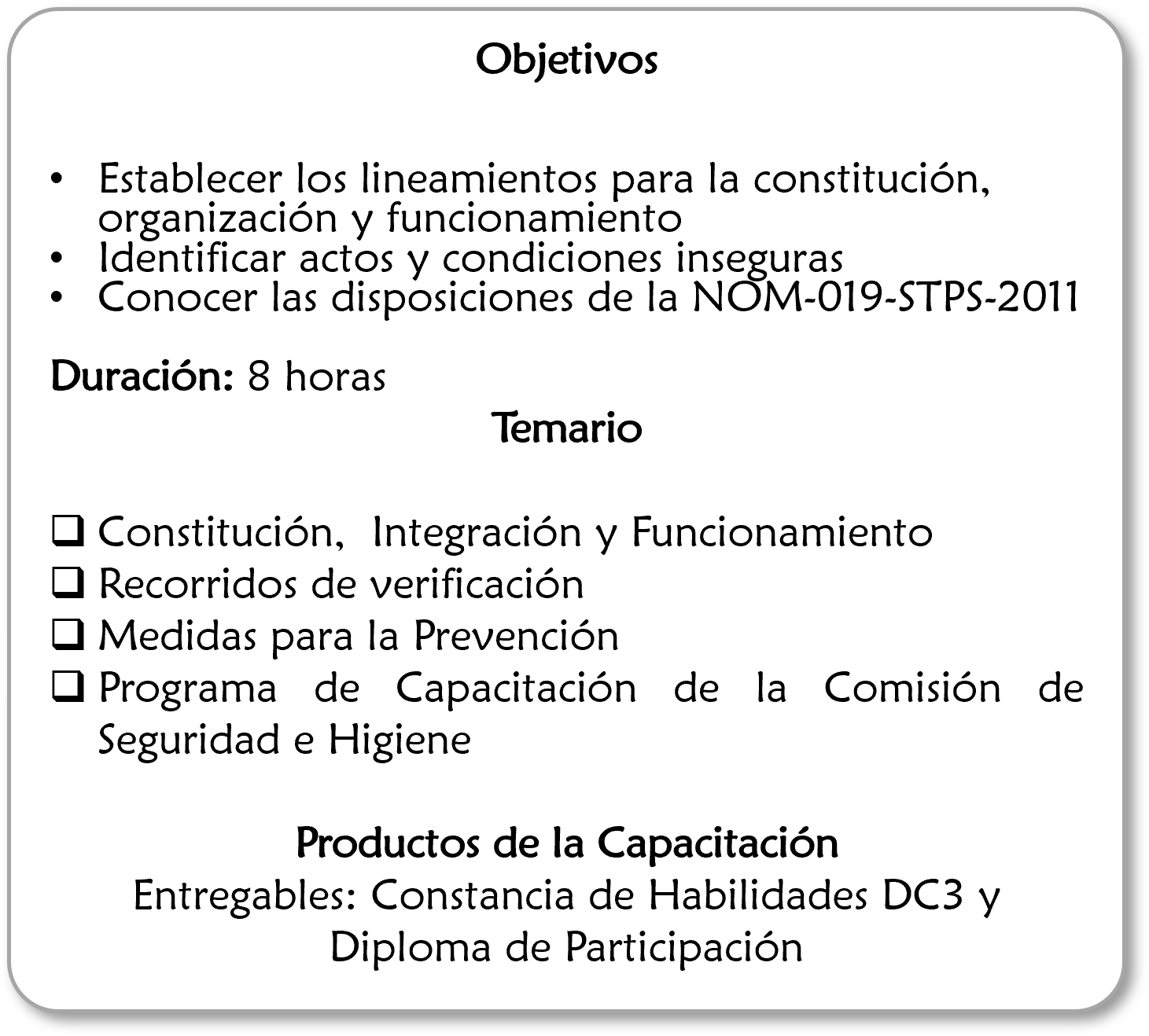 Documento en español con información sobre objetivos, duración, temario y productos de capacitación en seguridad e higiene.
