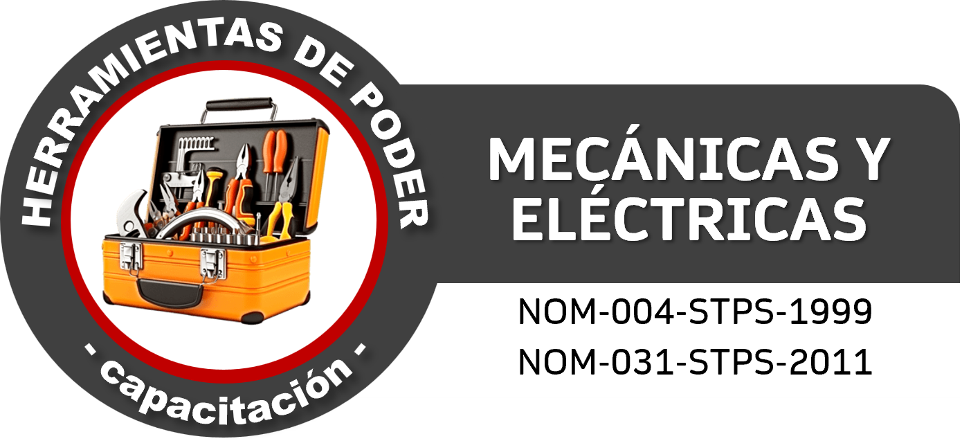 Imagen de un cartel que promociona una capacitación en herramientas de poda, con un ícono de una caja de herramientas llena de herramientas variadas. Incluye textos en español sobre normativas y el tema de mecánicas y eléctricas.
