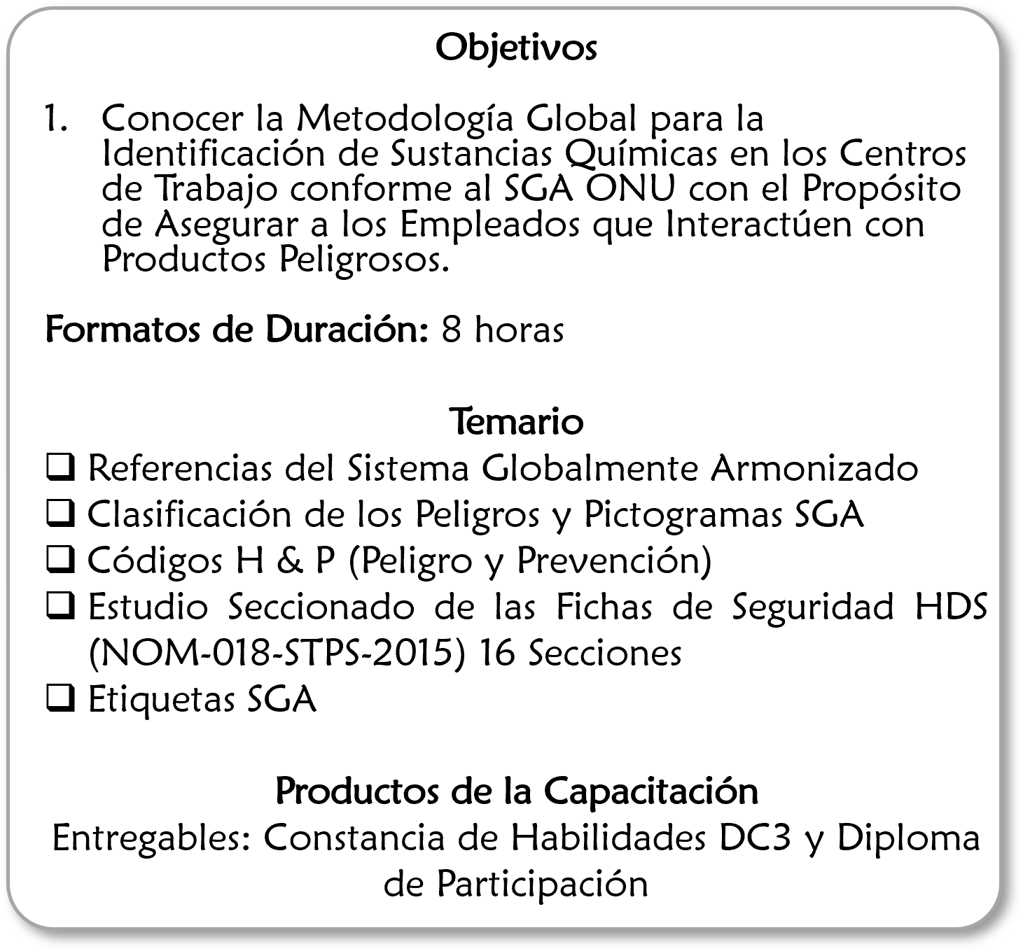 Modalidad de curso con objetivos, temario y productos de capacitación en español.