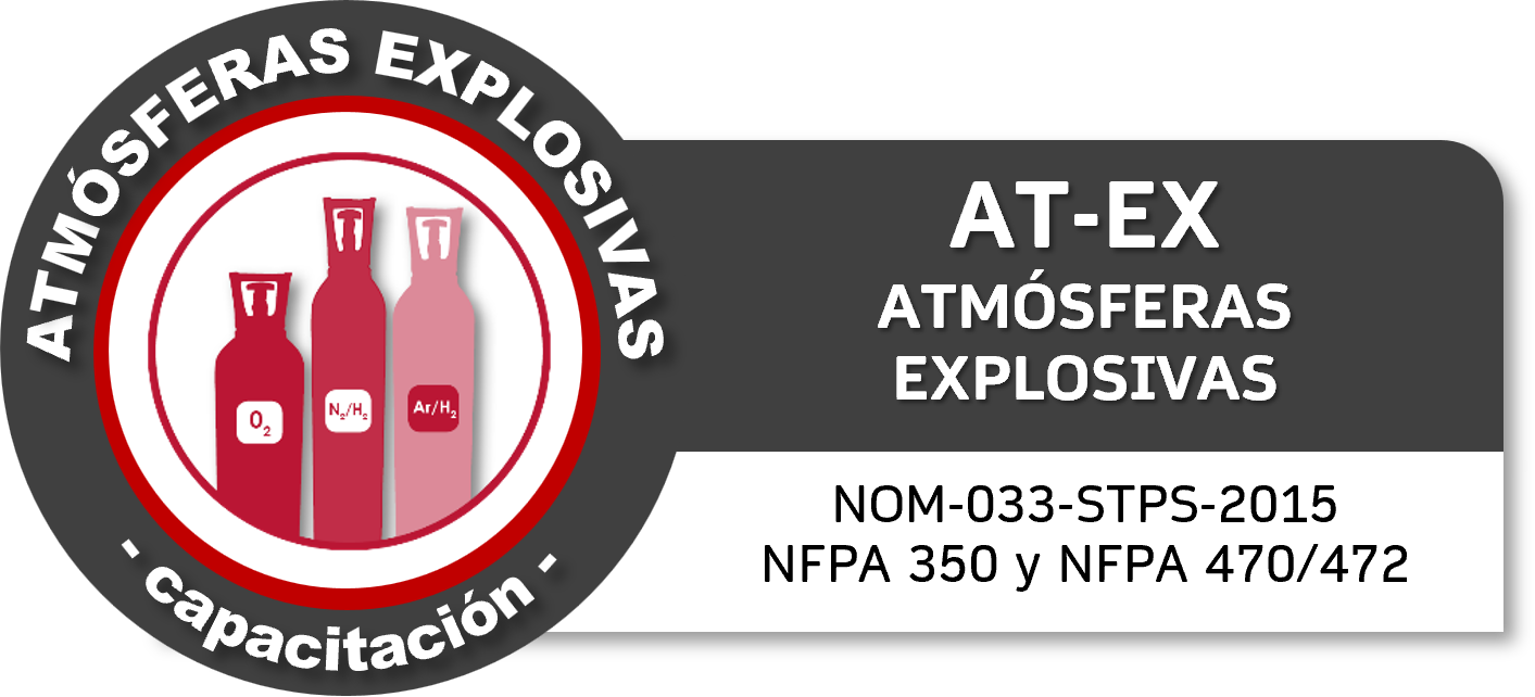 Etiqueta de curso de explosivos y atmósferas explosivas con logotipo de frascos con gases nocivos y texto en español sobre normas y protección