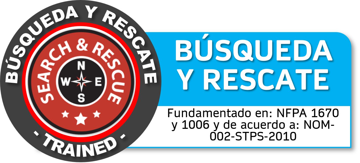 Etiqueta de entrenamiento en búsqueda y rescate con logotipo de brújula en el centro, texto en español y en inglés, fondo gris y azul. Curso GRETNER DC3