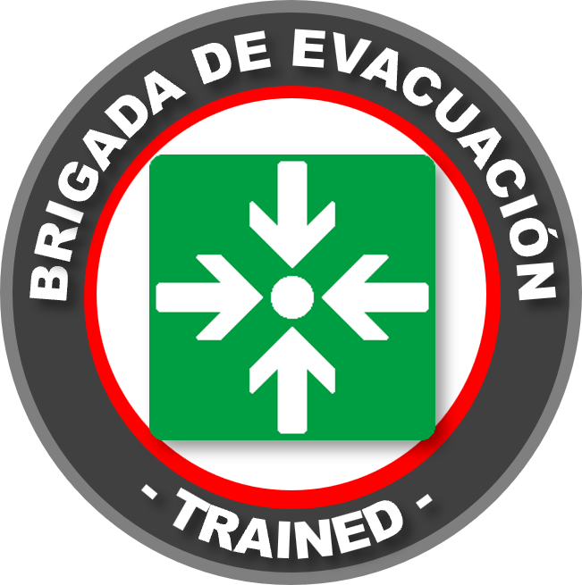 Insignia del curso GRETNER DC3 colores negro, rojo, blanco y verde que indica 'Brigada de Evacuación - Trained'