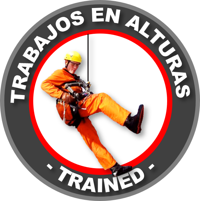 Botón de advertencia con un trabajador en altura con equipo de seguridad y cuerda, indicando que están entrenados para trabajos en alturas.