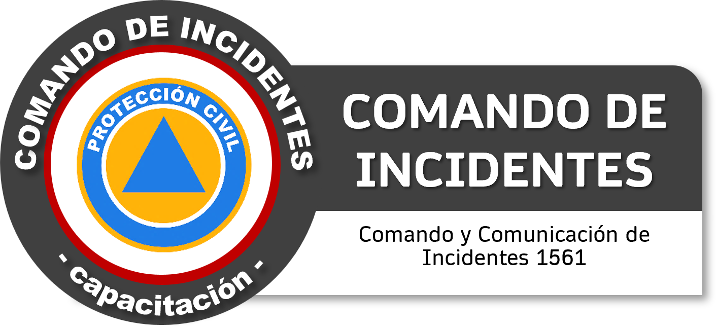 Escudo de la protección civil con un triángulo azul en el centro, rodeado por círculos de colores, junto con texto que dice 'Comando de Incidentes', 'Capacitación' y otros detalles.