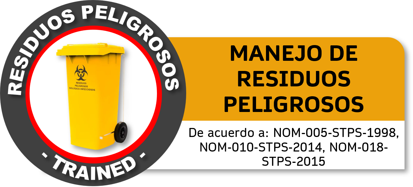 Señal de advertencia con texto en español que dice "Residuos peligrosos biológico-infecciosos" y un símbolo de biohazard, mostrando un bote amarillo de basura con ruedas y un aviso de seguridad, indicando manejo de residuos peligrosos. Curso GRETNER