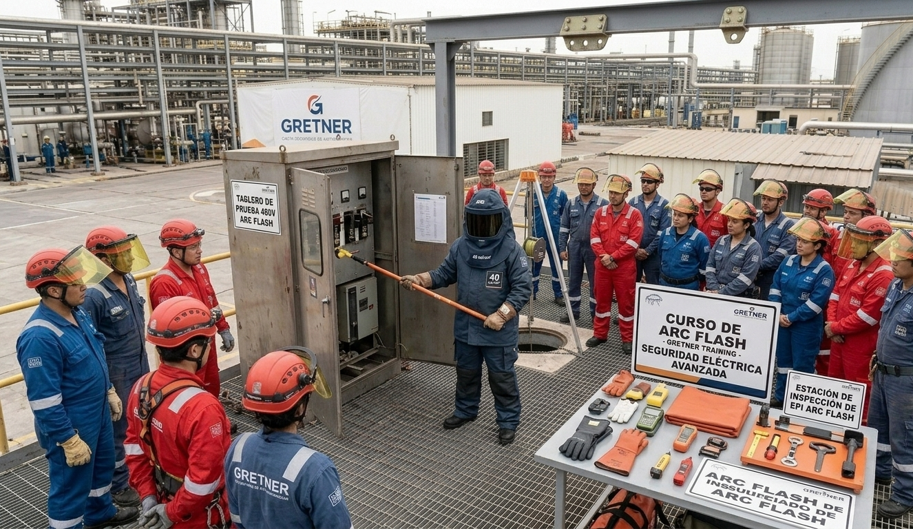 Grupo de personas en un curso de seguridad eléctrica, con gafas y cascos, en una planta industrial, observando a un instructor que muestra un equipo de prueba de arco eléctrico.