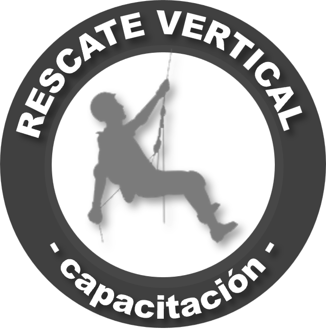 Símbolo de entrenamiento en rescate vertical con una figura de escalador en cuerda dentro de un círculo, rodeado por un texto que dice 'Rescate Vertical Entrenado'.