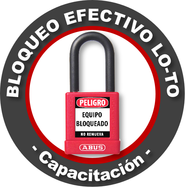 Cerradura de seguridad con aviso de peligro y prohibición, indicando que el equipo está bloqueado y no debe removerse.