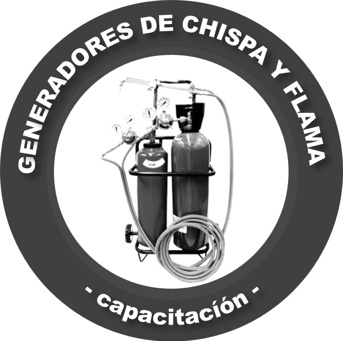 Un logo circular de entrenamiento en refrigeración con cilindros de colores rojo y verde, válvulas de maniobra y una manguera, rodeado por texto en español que dice 'Generadores de chispa y flama - Entrenado'.