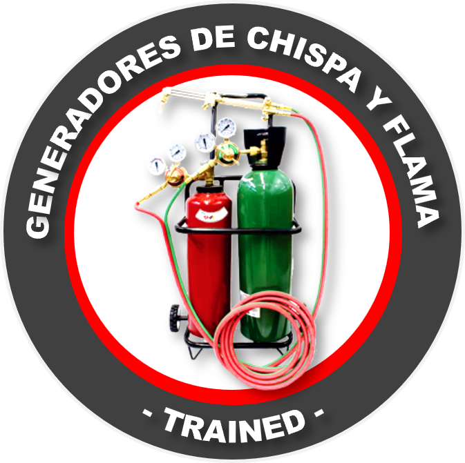 Un logo circular de entrenamiento en refrigeración con cilindros de colores rojo y verde, válvulas de maniobra y una manguera, rodeado por texto en español que dice 'Generadores de chispa y flama - Entrenado'.