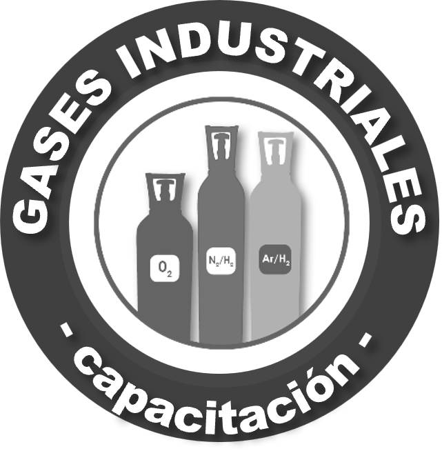 Logotipo de gases industriales y entrenamiento, con tres botellas de gases: oxígeno, nitrógeno e hidrógeno, y símbolos que representan cada gas.