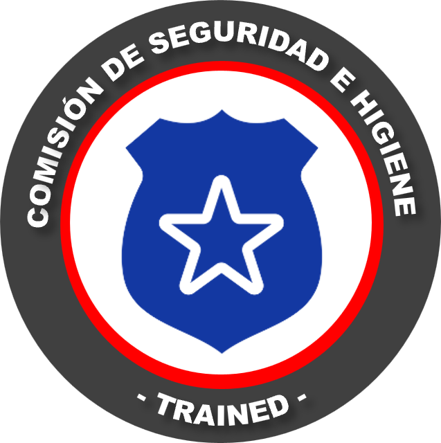 Logotipo de la Comisión de Seguridad e Higiene entrenada, con un escudo azul y una estrella blanca en el centro, rodeado por un círculo con borde rojo y fondo gris oscuro.