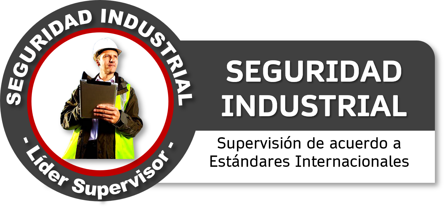 Logo de seguridad industrial con un supervisor con casco y chaleco amarillo, y texto en español que dice 'Seguridad Industrial' y 'Supervisión de acuerdo a Estándares Internacionales'.