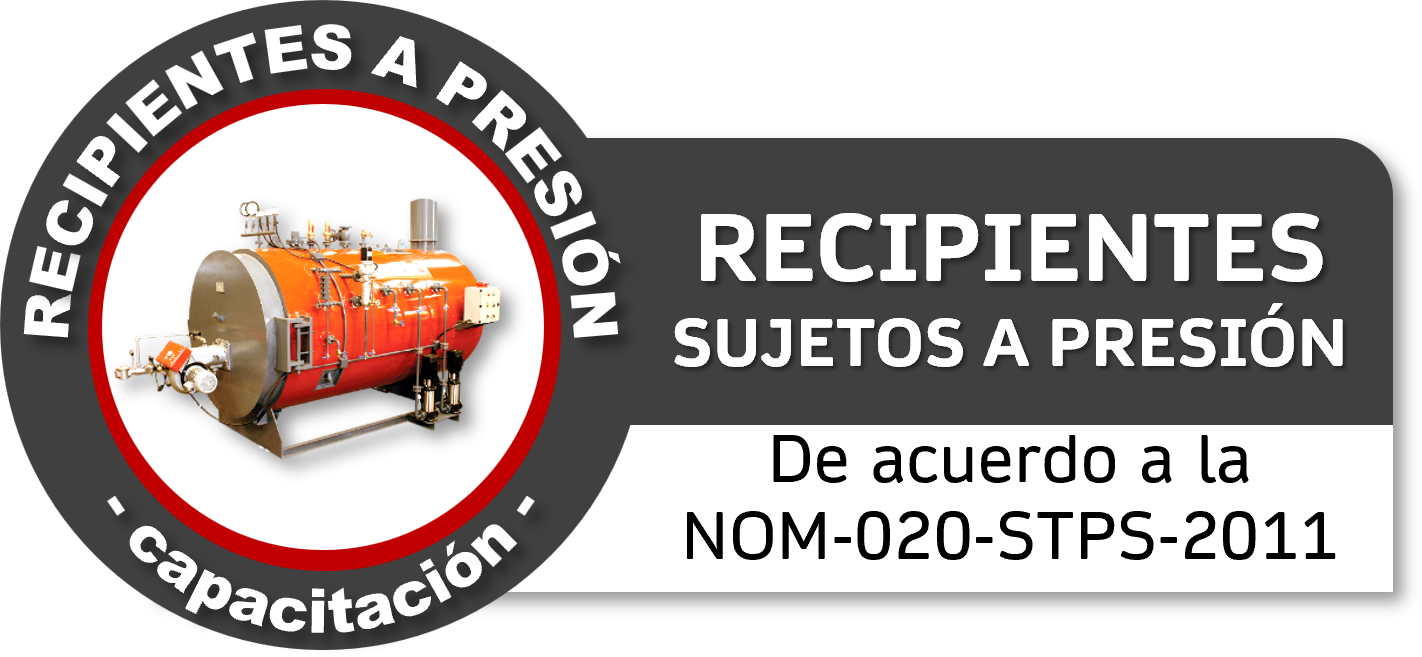 Etiqueta que indica que los recipientes sujetos a presión cumplen con la norma NOM-020-STPS-2011, con un dibujo de un tanque de color naranja y componentes asociados.