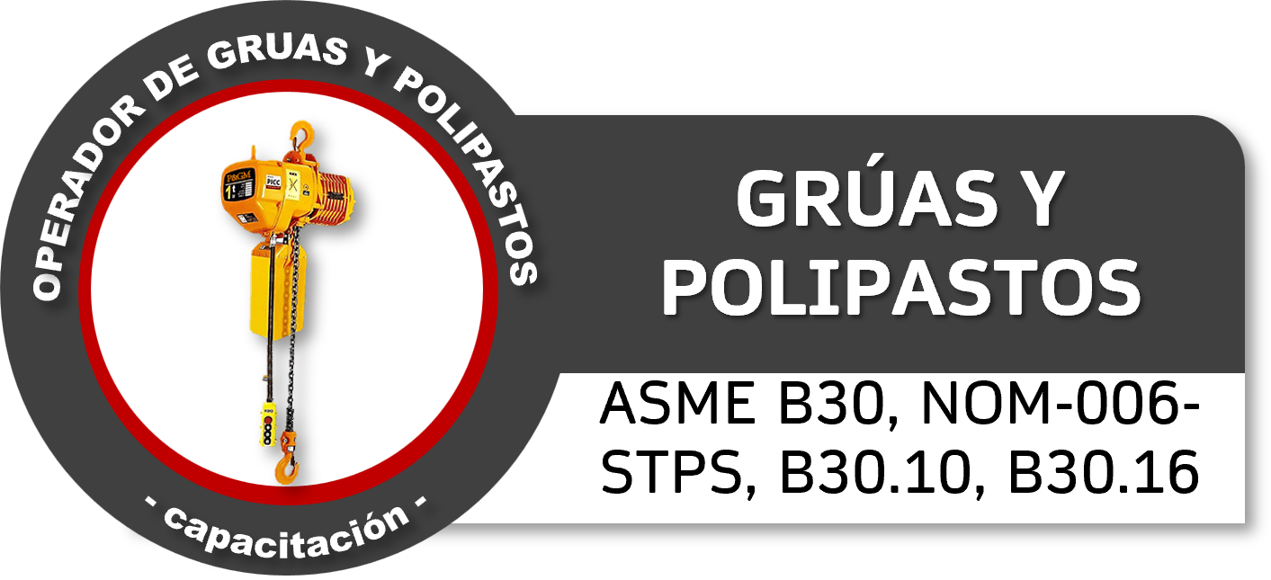 Imagen de un polipasto amarillo con capacidad para grúas, que cuelga de un gancho, con texto que indica estándares de seguridad y capacitación sobre operaciones con grúas y polipastos.